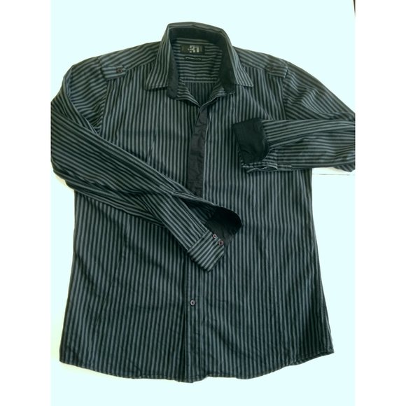 Men vtg New Wave Black & Gray Stripes Shirt Flip Cuffs Epaulettes MEDIUM -fitted - Picture 3 of 7